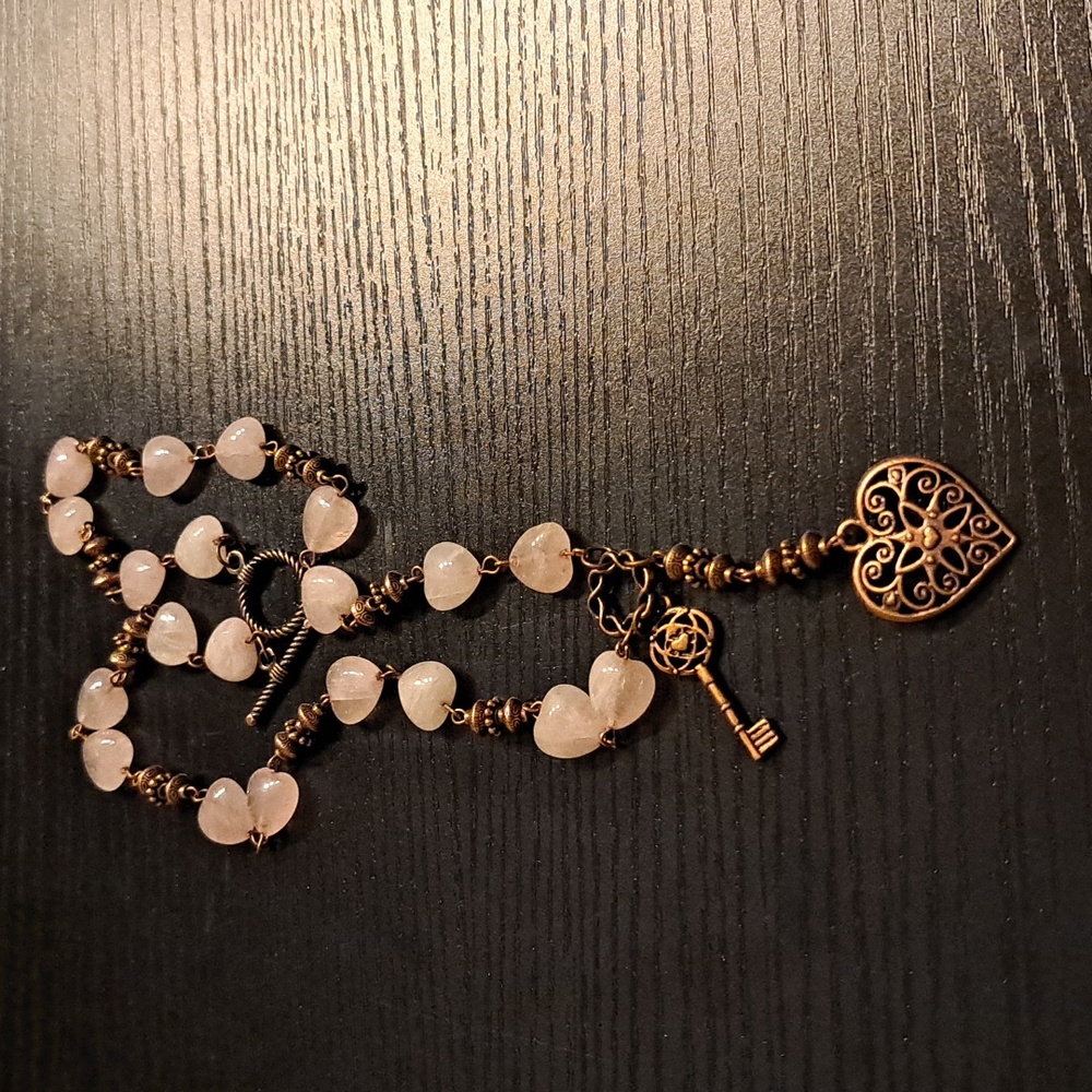 Rose Quartz Gemstone Heart-Shaped Boho Earring & Necklace Set